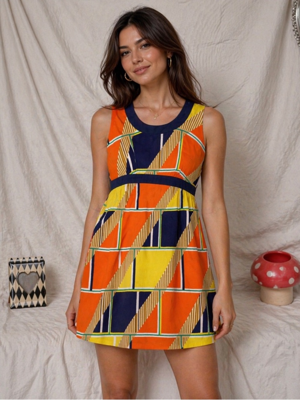 Tori Richard Navy, Orange & Yellow Geometric Print Dress